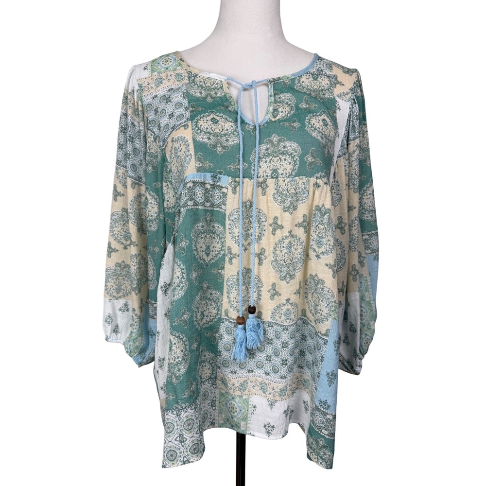 Unique Spectrum Women's XL Patchwork Boho Top Blue Tassel Peasant Blouse